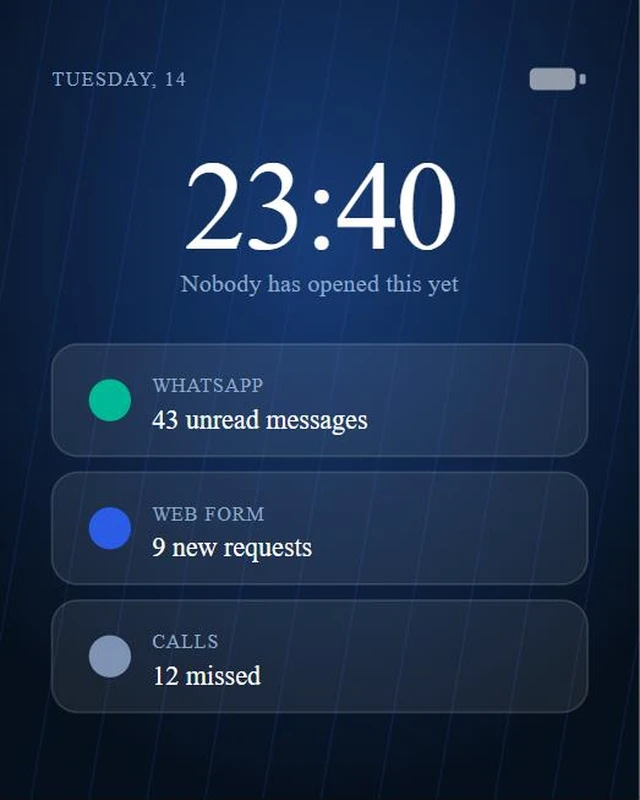 A phone screen at 11:40 pm with unanswered messages and calls