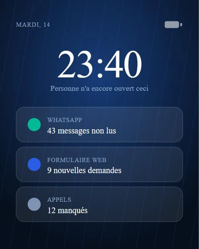 Écran d'un téléphone à 23h40 avec messages et appels sans réponse